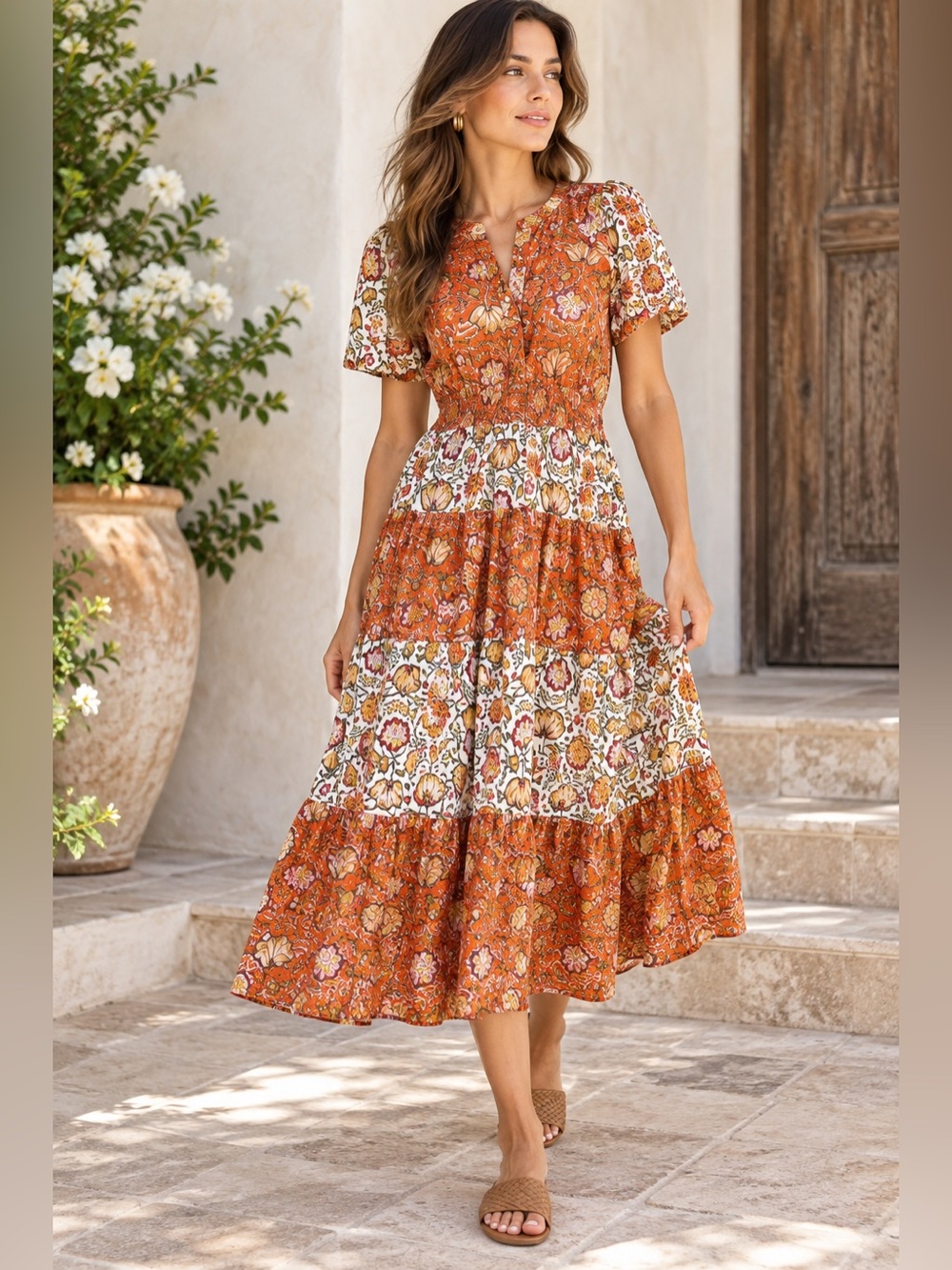dRA Mummie Floral Block Print Tiered Cotton Midi Dress Orange Size S